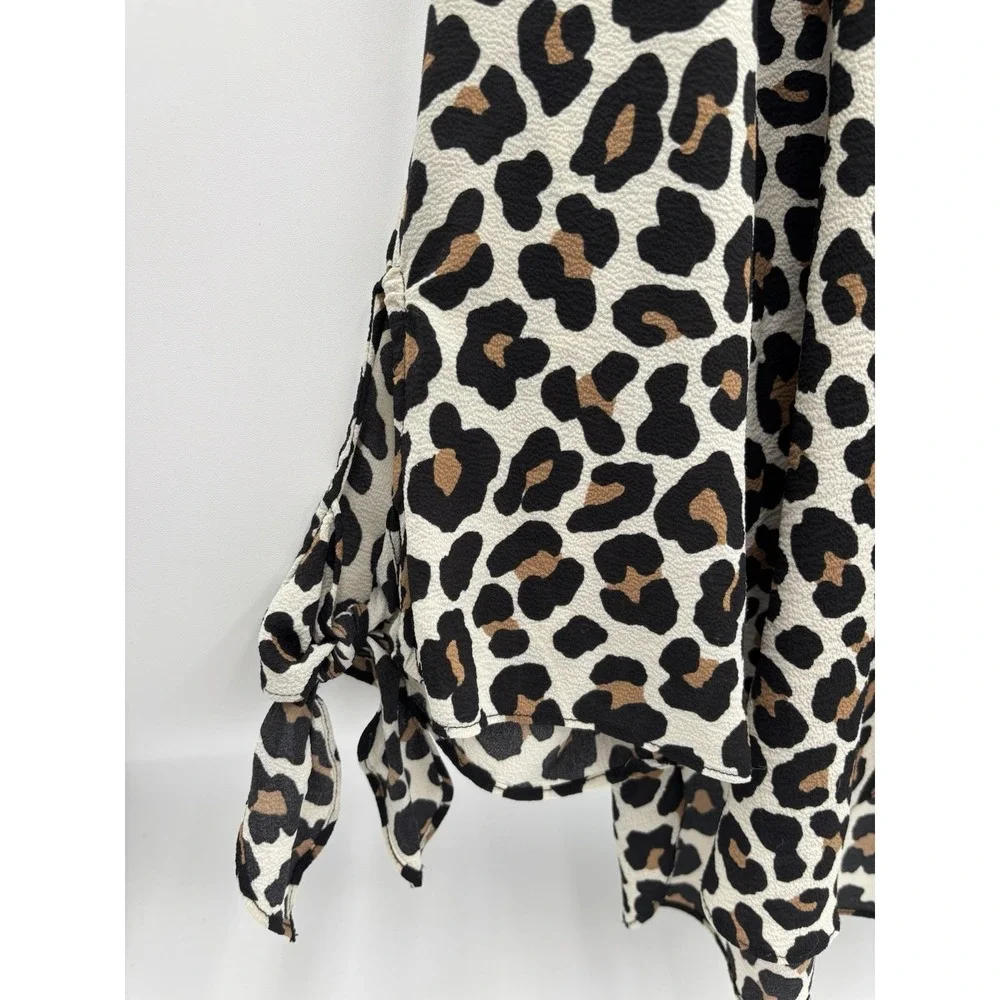Michael Kors Leopard Print Peasant Blouse Womens Large Tie Sleeve Animal Print